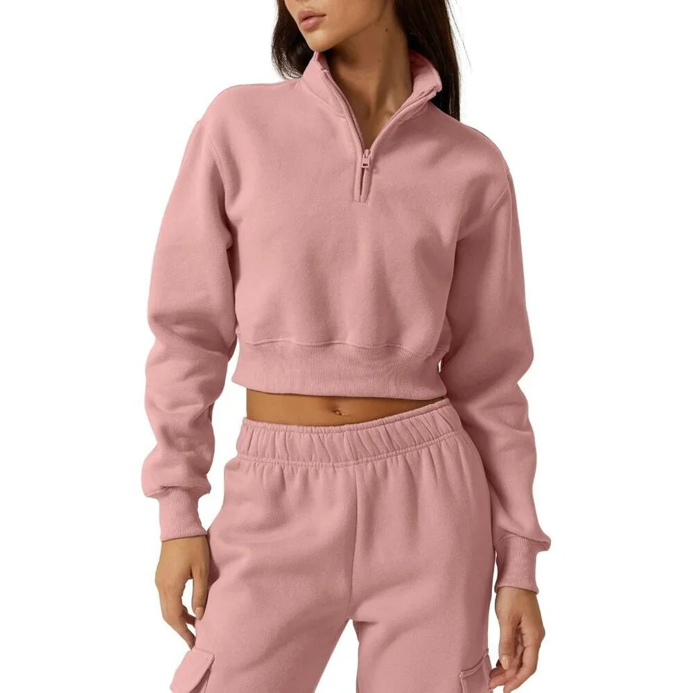 Womens Crop Sweatshirt Half Zip High Neck Long Sleeve Fleece Top